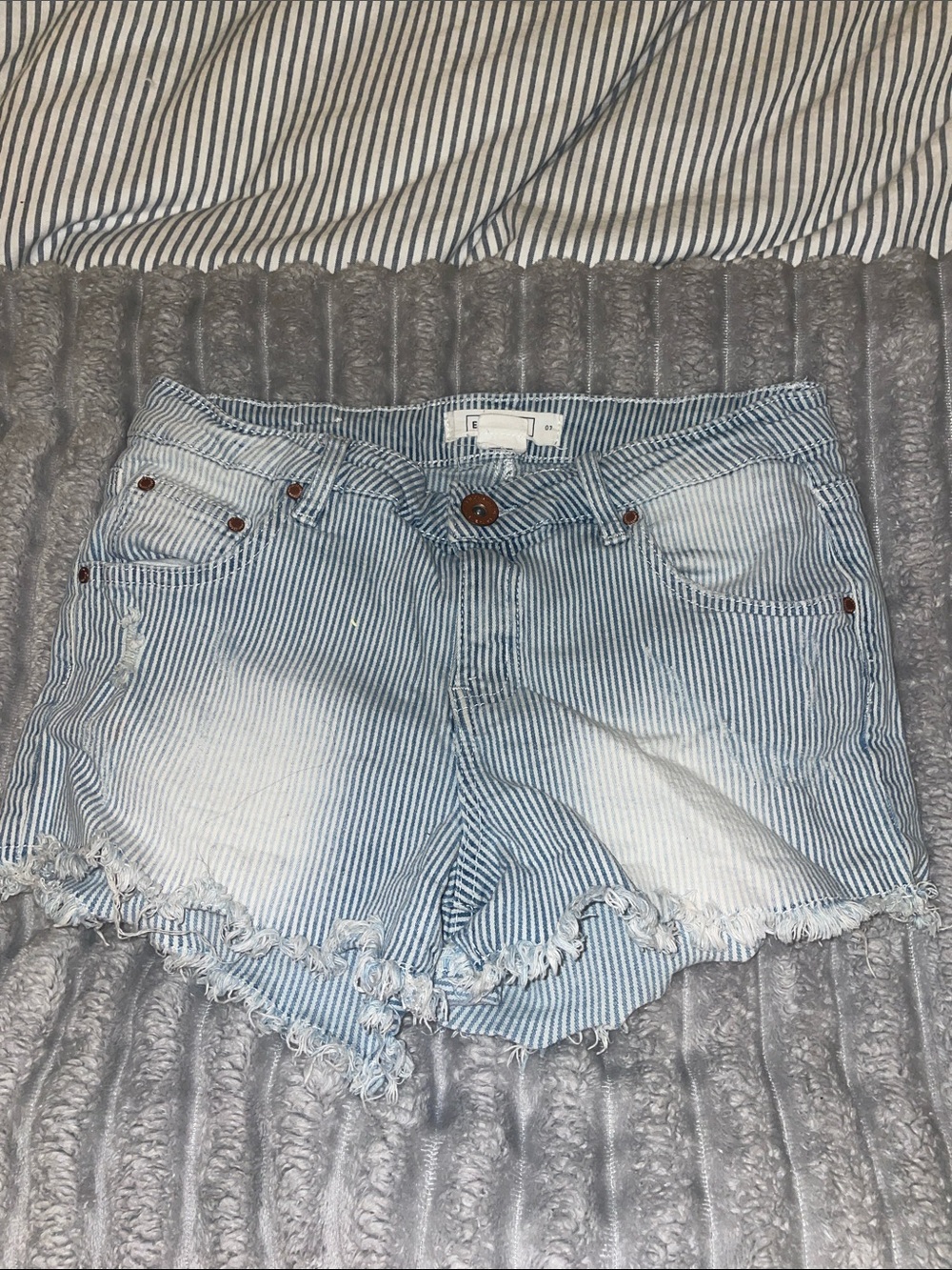 Striped Light Blue Denim Cutoff Shorts with Frayed Hem